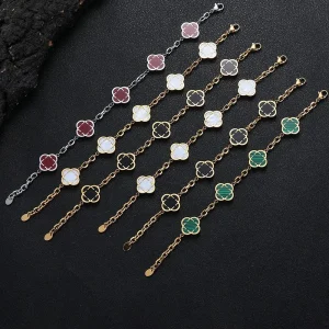 18k Gold Plated Stainless Steel Lucky Four Leaf Flower Bracelet Women's Charm Clover Hand Chain Simple Chic Party Jewelry Gift